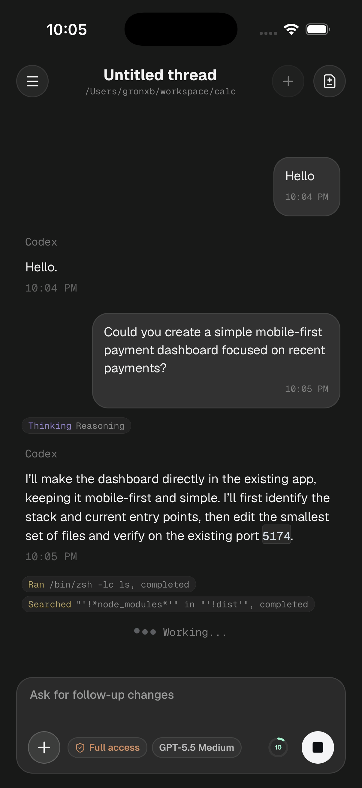 Codex Relay chat screen on iPhone