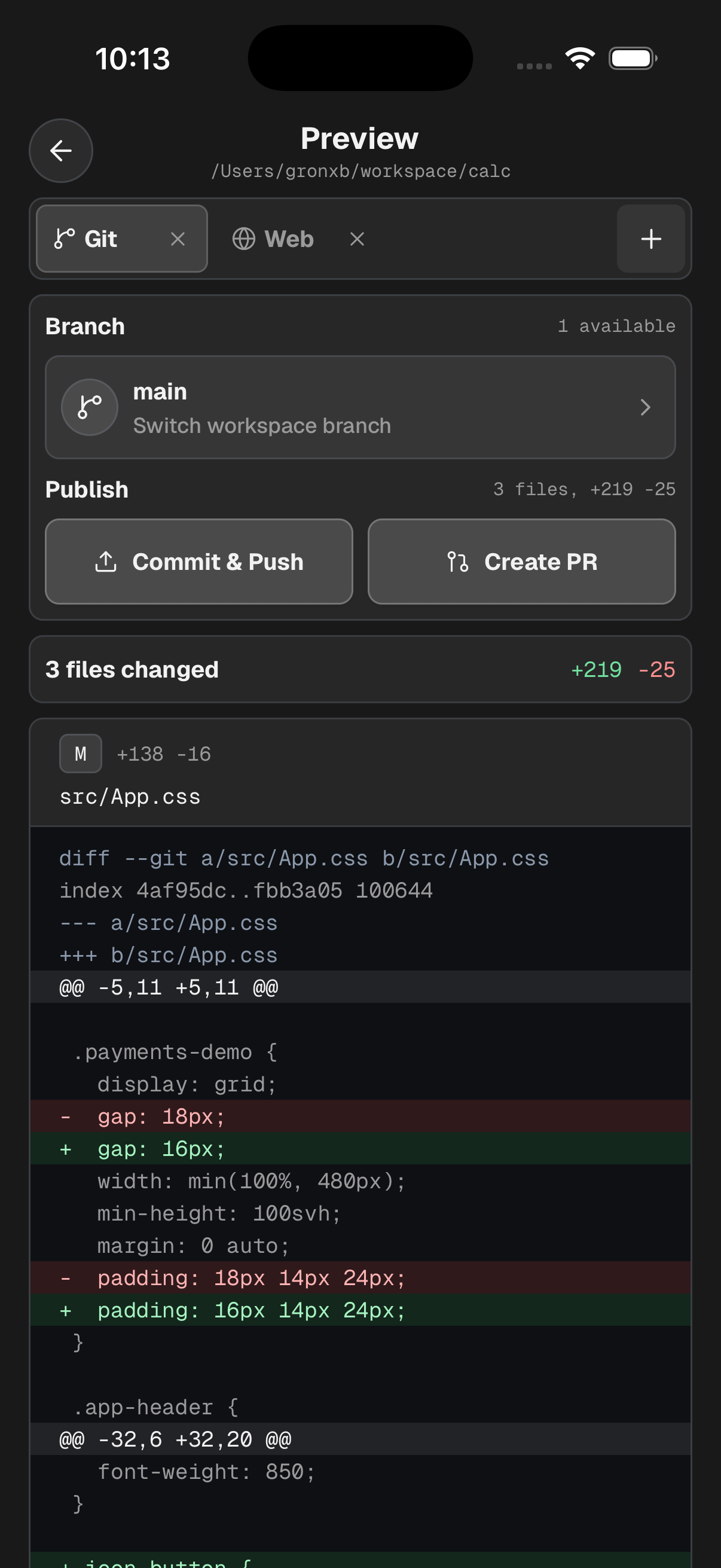 Codex Relay git preview screen on iPhone